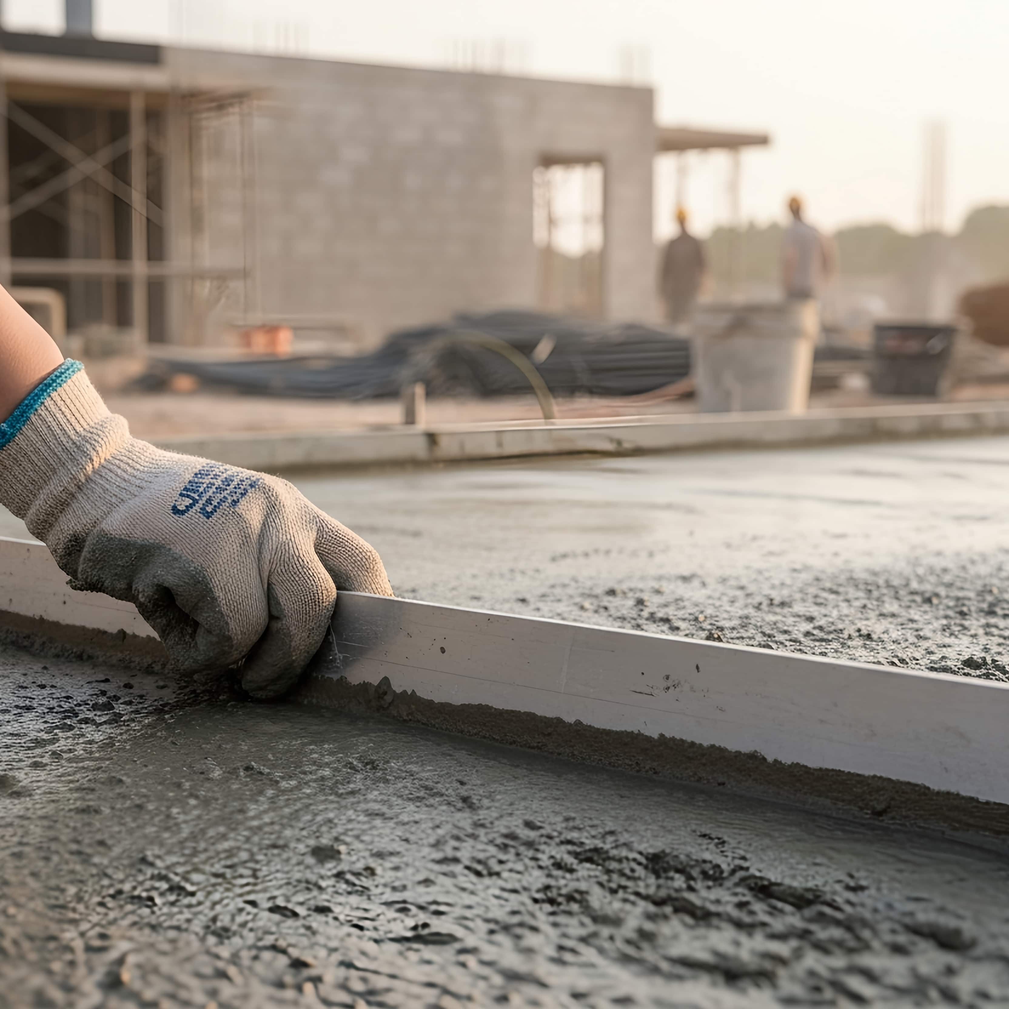 A construction Worker Uses A Level To Smooth Wet Concrete